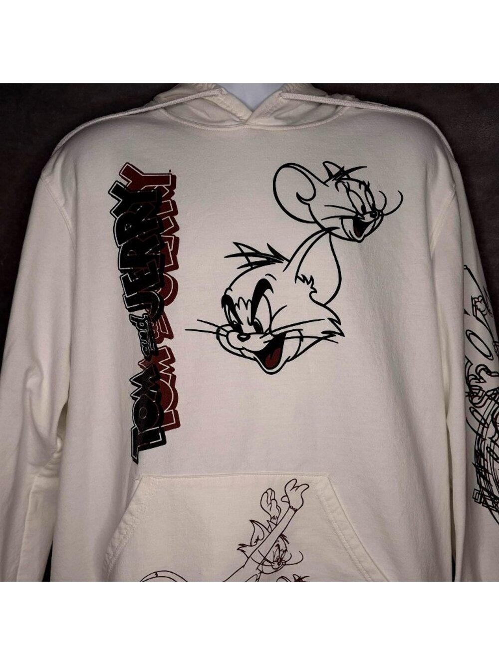 Tom & Jerry Mens Graphic Hoodie XL Long Sleeve Cartoon Print White Sweatshirt